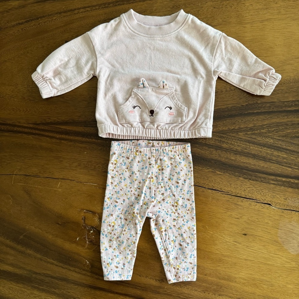 Carter’s Sweatshirt and Leggings Set Pink Animal Fox Face Baby Girl size 3M